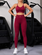 Seamless Hip-Lifting Yoga Set in Encore Red, shown in a front pose with a sculpting fit.