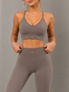 Seamless Hip-Lifting Yoga Set in Khaki brown, close-up view.