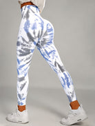 Seamless Tie-Dye Scrunch Leggings in blue, shown in a back pose with a tie-dye pattern.