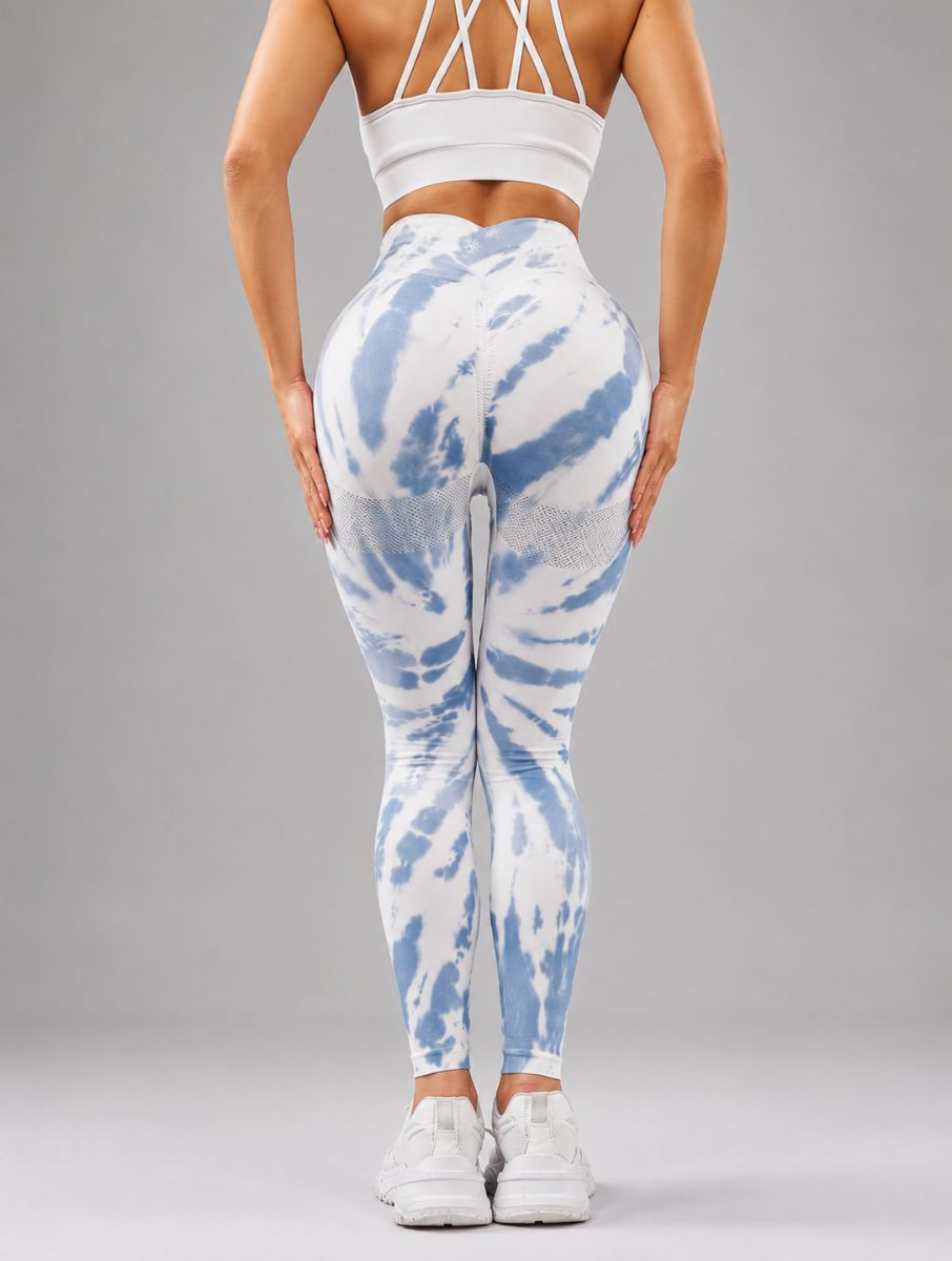 Seamless Tie-Dye Scrunch Leggings in blue, shown in a back pose with a tie-dye pattern.