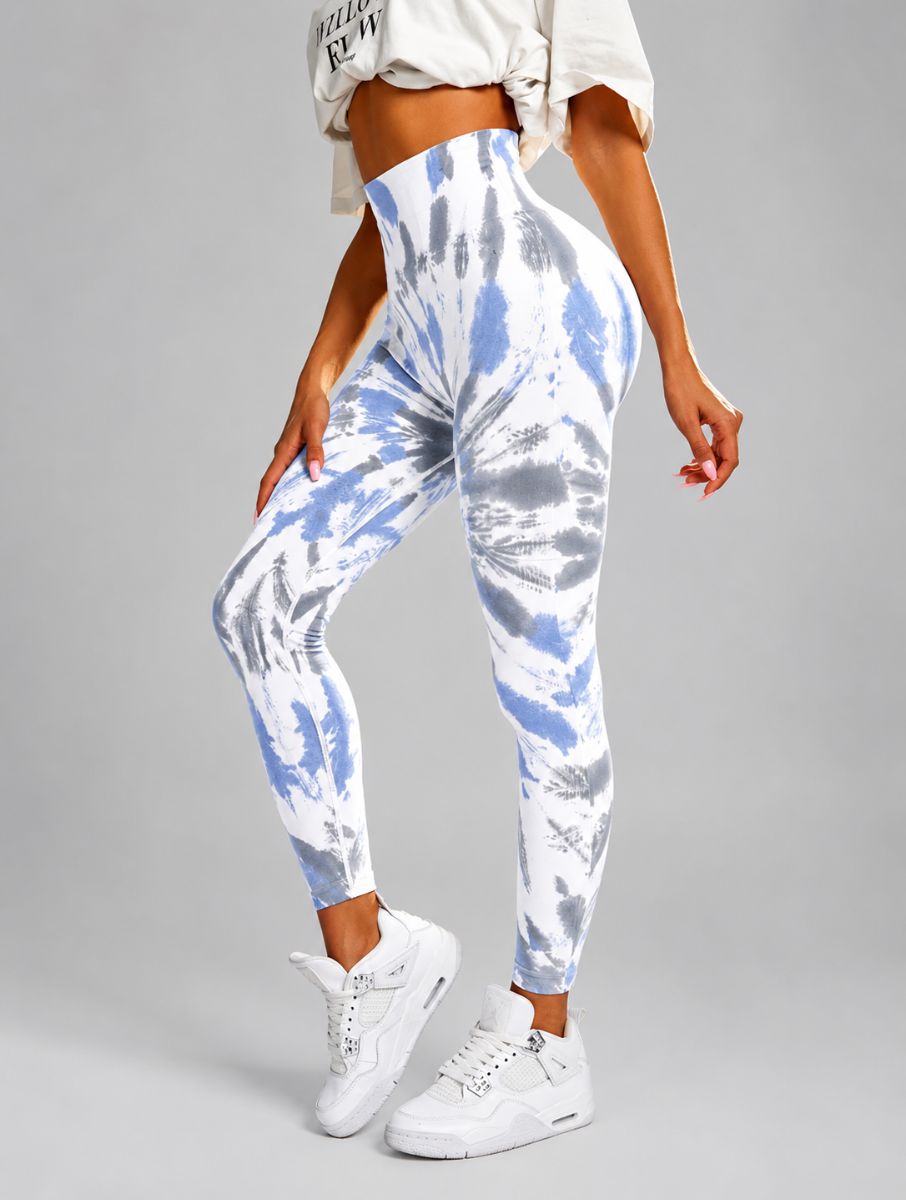 Seamless Tie-Dye Scrunch Leggings in blue, shown in a side pose with a tie-dye pattern.