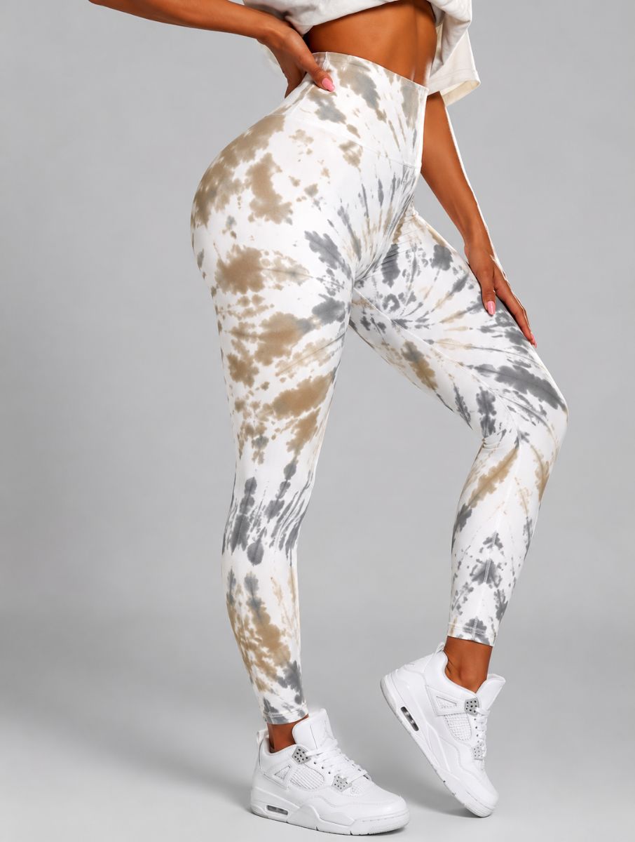 Seamless Tie-Dye Scrunch Leggings in green, shown in a side pose with a tie-dye pattern.