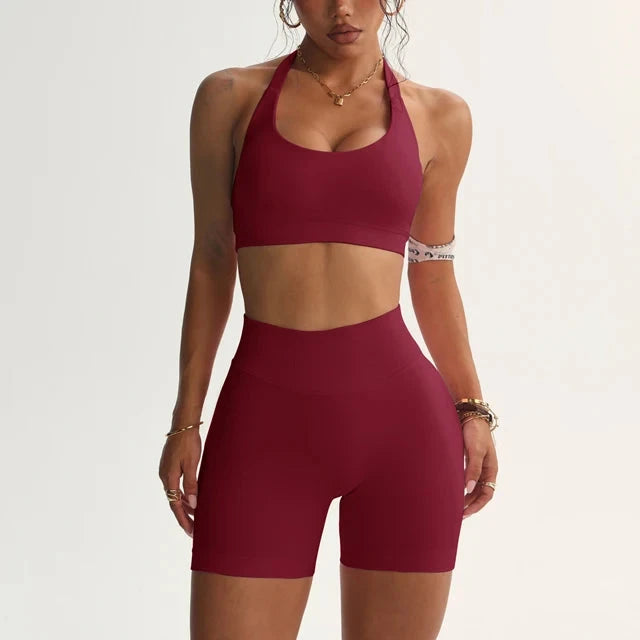 32.1 Impact Shorts Set Nahtloses Yoga-Set Damen Neckholder Sport-BH Niedrige Taille Scrunch Bum Gym Shorts 2-teilig Sportanzüge Trainingskleidung Starlethics Angola Red M 