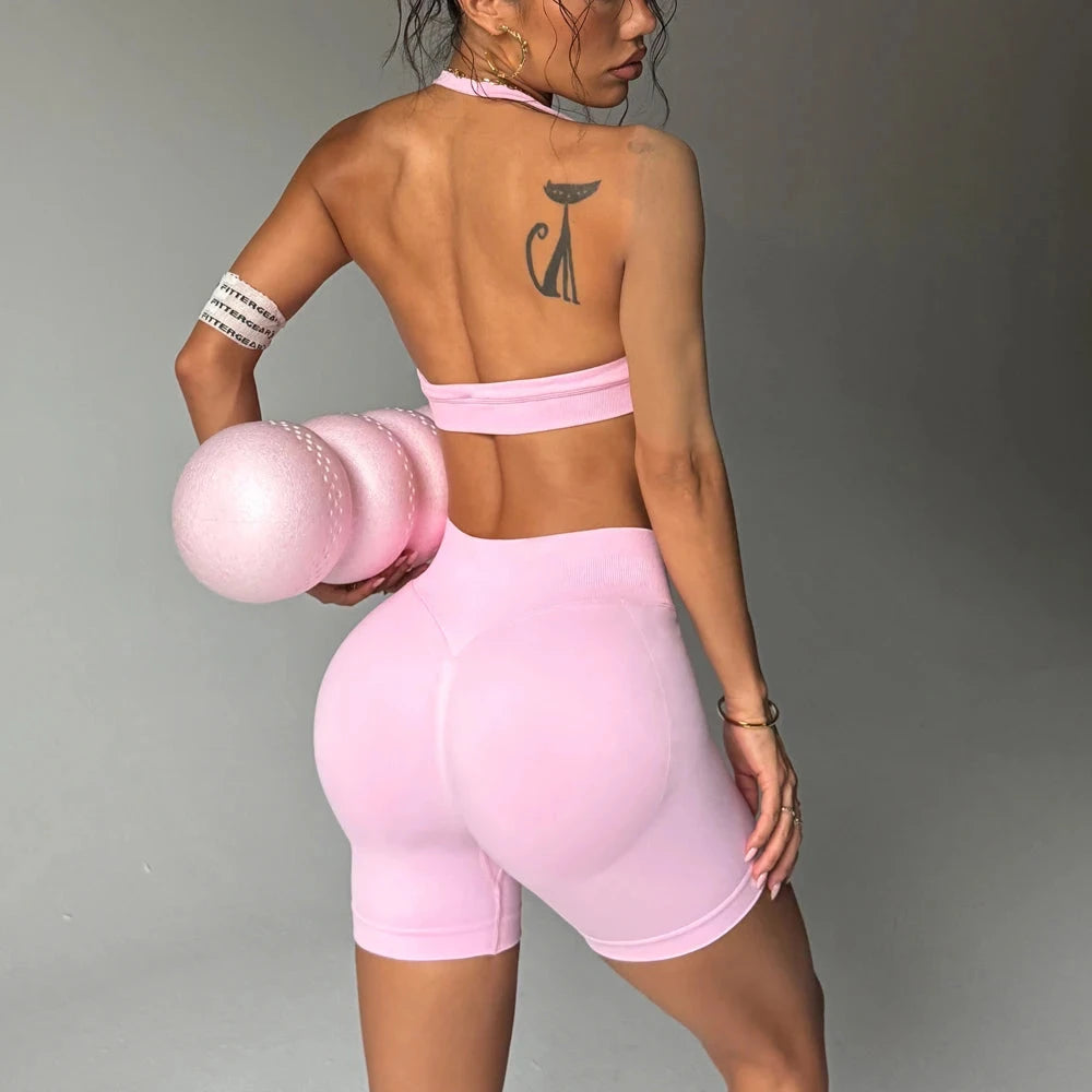 32.2 Impact Shorts Set Nahtloses Yoga-Set Damen Neckholder Sport-BH Niedrige Taille Scrunch Bum Gym Shorts 2-teilig Sportanzüge Trainingskleidung Starlethics 