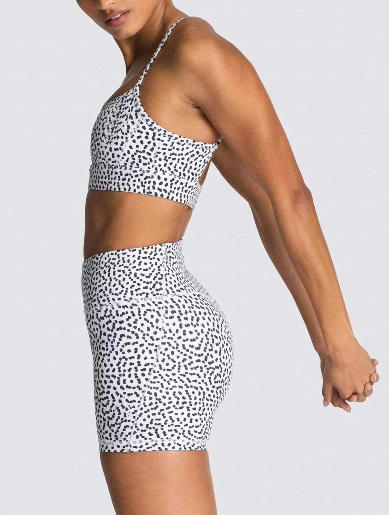 Speckle Gym Set - Shorts + Top in White – Model View | Starlethics Activewear