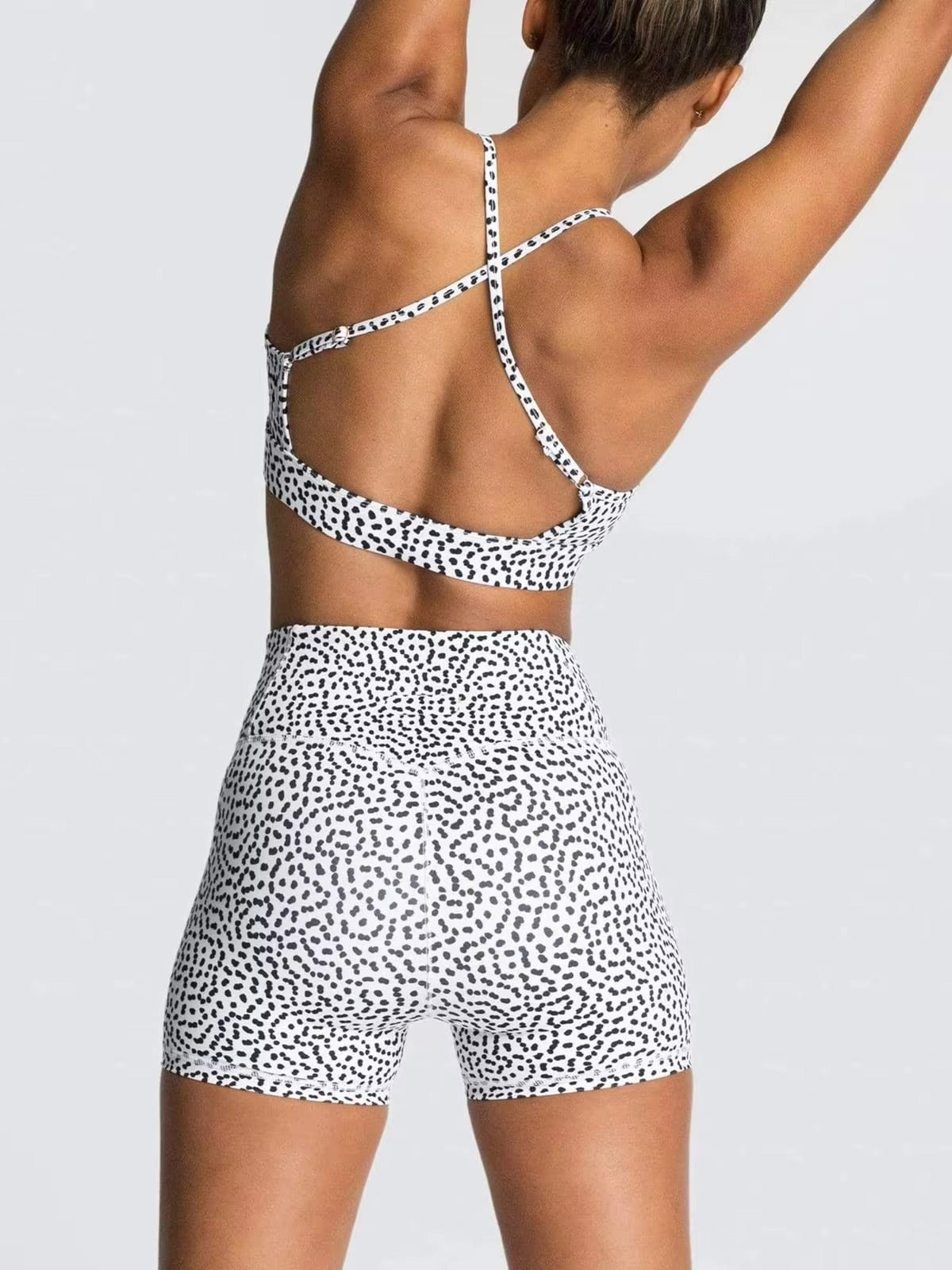 Speckle Gym Set - Shorts + Top in White – Model View | Starlethics Activewear