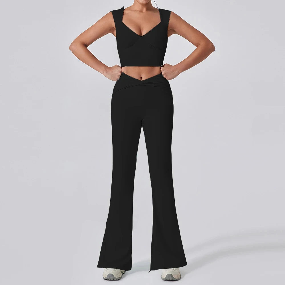 7. 1/2PCS Frauen Yoga Set Workout Hose Outfits Fitness Sportswear Gym Trainingsanzug Hohe Taille Flare Leggings Sport Bh sportlich Tragen Starlethics black trouser set M 