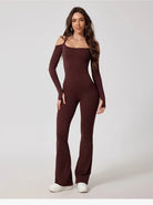 Toned Off-Shoulder Flared Jumpsuit Jumpsuit Starlethics Coffee S 