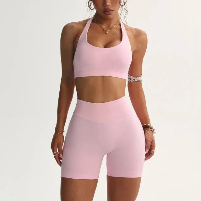 32.1 Impact Shorts Set Nahtloses Yoga-Set Damen Neckholder Sport-BH Niedrige Taille Scrunch Bum Gym Shorts 2-teilig Sportanzüge Trainingskleidung Starlethics Pink M 