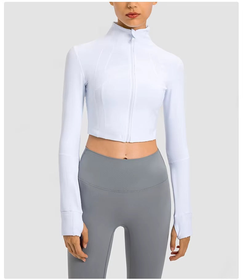 Flowline Zip-Up Cropped Jacket in White – Model View | Starlethics Activewear