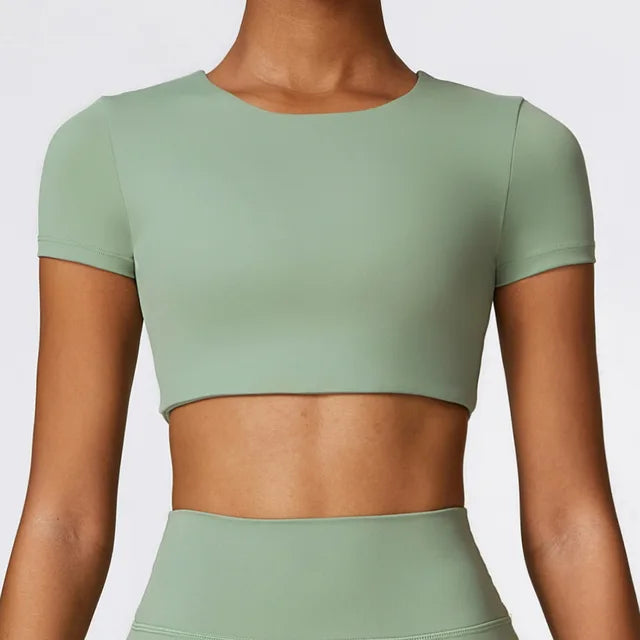 7. NCLAGEN Yoga Short Sleeve Shirts Outwear Casual Sports Fitness Top For Women Gym Workout Breathable Crop Top Shirts Running NCLAGEN GymClothing Store Basil Green S 