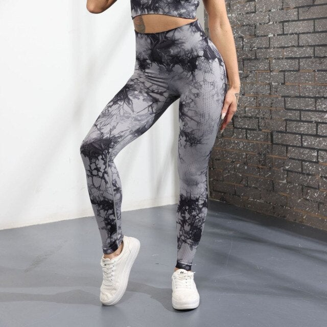 High Waist Marble Leggings Fitness Leggings Truetights Tie-dyed Black gray S 