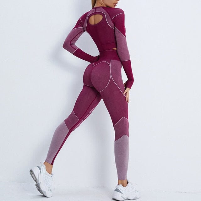 22 NCLAGEN Sports Fitness Suit Long Sleeve Top High Elastic High Waist Fitness Yoga Shirts Pants Activewear Blouses Running Set| | Home NCLAGEN GymClothing Store Wine Red Suit S 