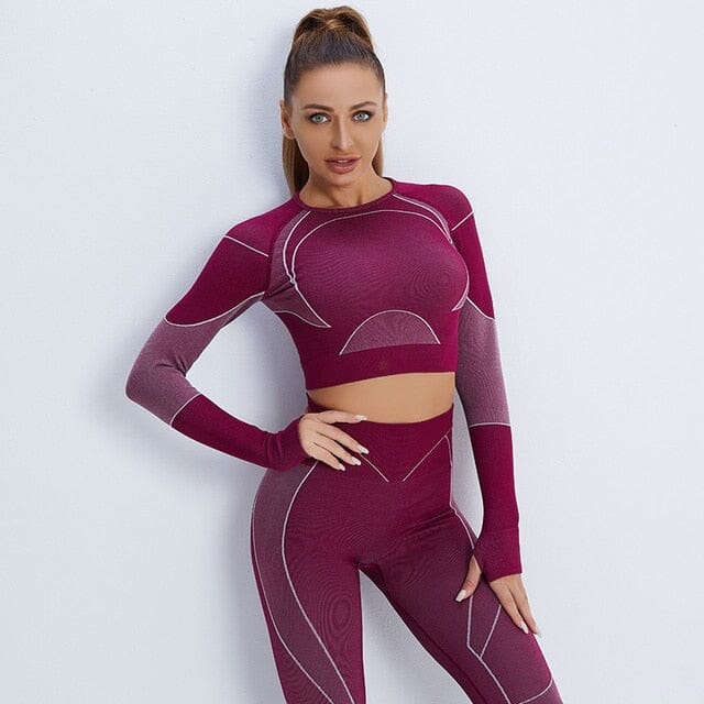 22 NCLAGEN Sports Fitness Suit Long Sleeve Top High Elastic High Waist Fitness Yoga Shirts Pants Activewear Blouses Running Set| | Home NCLAGEN GymClothing Store Wine Red Top S 